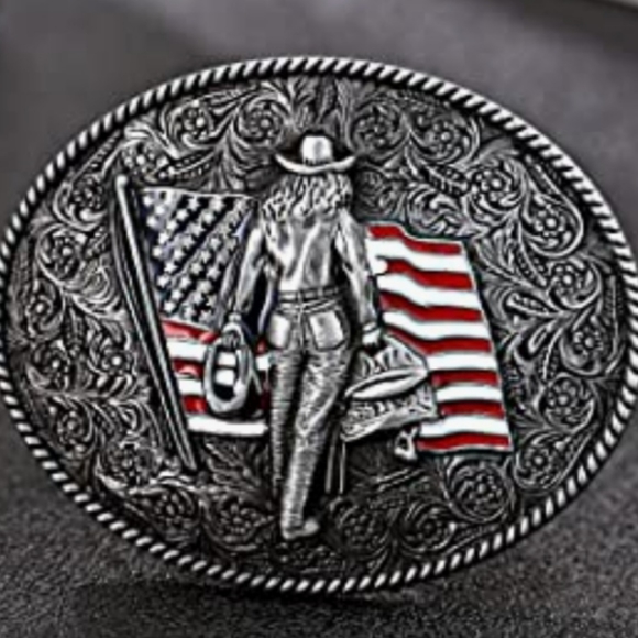 Cowgirl cowboy rodeo American flag belt buckle.   Gold version available in my … - Picture 2 of 4